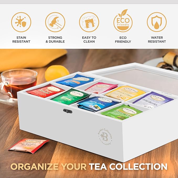 Tea Bag Organizer with Drawer - Bamboo Tea Box Organizer, 8-Compartment Tea Storage Box with Acrylic Lid and Magnetic Closure, Tea Box for Kitchen Counter, Gifts for Mom, Wife, Tea Lovers (White)