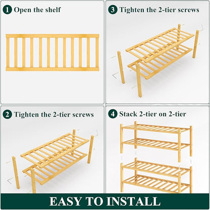 Smiry Bamboo Shoe Rack, 4 Tier Free Standing Wooden Shoe Organizer, Stackable Wood Shoe Storage Shelf for Closet, Entryway, 12 Vertical Slats, 2+2 Stack Standard Legs, 26.8"x11"x26", Natural