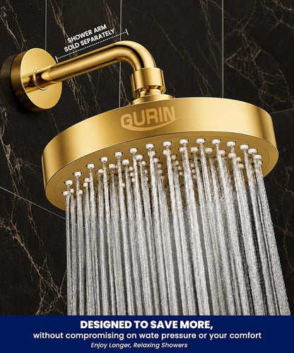GURIN Shower Head - Powerful High Pressure Rain Shower Head 6 Inch - Luxury Rainfall Showerhead with Adjustable Angles, 90 Anti-Clog Nozzles, Tool-Free 1-Min Install, Premium Gold Plated Finish