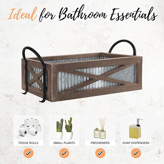 Autumn Alley Farmhouse Toilet Paper Basket for Back of Toilet - Rustic Toilet Paper Holder, Organizer - Tank Topper Basket Holder, Farmhouse Rustic Bathroom Decor, Brown