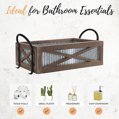 Autumn Alley Farmhouse Toilet Paper Basket for Back of Toilet - Rustic Toilet Paper Holder, Organizer - Tank Topper Basket Holder, Farmhouse Rustic Bathroom Decor, Brown