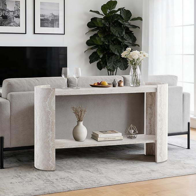 53 Inch Console Table, Modern 2-Tier Entryway Table with Rounded Corners, Narrow Sofa Table Behind Couch for Foyer, Hallway, Living Room,White