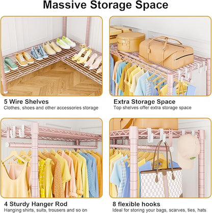E15 Pro Garment Rack L Shaped Clothes Rack for Corner，Freestanding Clothing Racks for Hanging Clothes，Heavy Duty Closet System with 4 Hanging Rods & 8 S Hooks，48.8"W x 15.8"D x 78.4"H，Pink