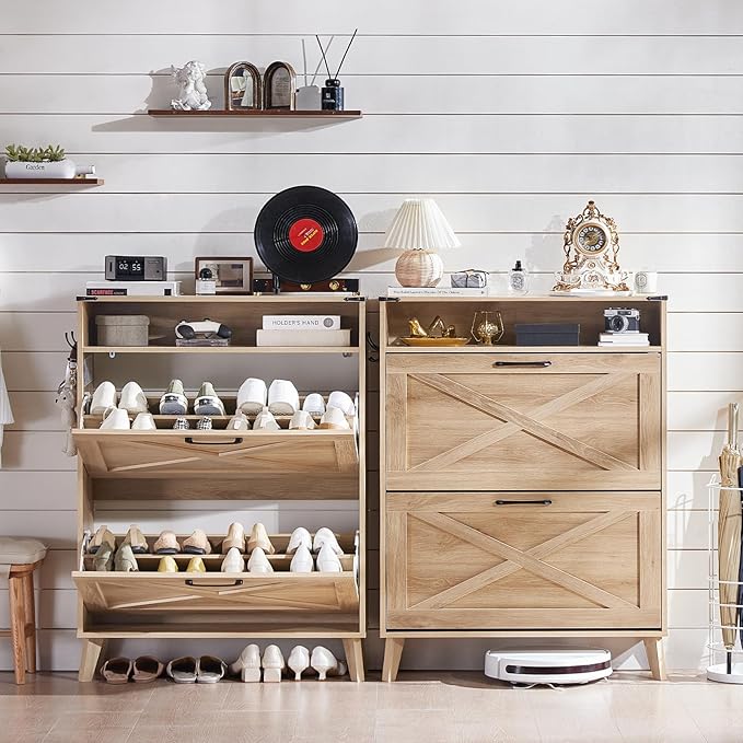 Shoe Storage Cabinet with 2 Flip Drawers, Boho Shoes Organizer for Entryway, Narrow Hidden Shoe Rack with Wood Legs & Open Storage, Free Standing Shoe Closet for Foyer, Hallway, Natural Oak