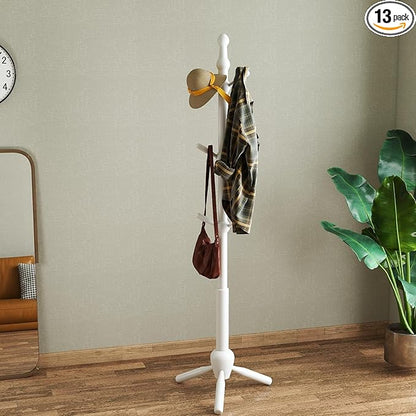 Solid Wood Coat Rack Stand, Morden Heavy Duty Coat Hanger Stand with 9 Hooks, 3 Adjustable Size Sturdy Coat Tree for Living Room, Entryway, Office, Hallway, White