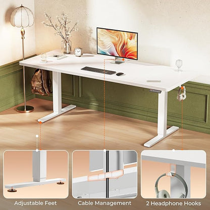 Huuger 71 x 30 Large Electric Standing Desk, Height Adjustable Computer Desk, 29.5" Deep Desktop, Stand up Gaming Office Table with 2 Hooks, 3 Preset Heights, for Home Office, White