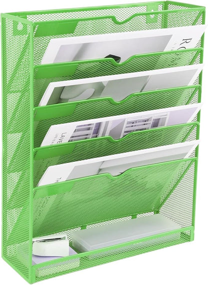 EASEPRES 6 Tier Mesh Hanging Wall File Organizer, Desk Vertical Mail Paper Document Folder Holder Rack with Bottom Tray and Nametag Label for Office Home School, Green