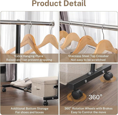 Clothes Rack, 130LB Capacity Heavy Duty Clothing Rack with Wheels and Bottom Shelf, 52.17 Inch Rolling Racks for Hanging Clothes, Coats, Shirts, Sweaters, Skirts, Dress, Black