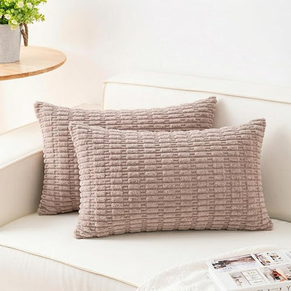 Aegero Pack of 2 Corduroy Decorative Throw Pillow Covers 12x24 Inch Soft Striped Pillow Covers Modern Farmhouse Home Decor for Sofa Living Room Couch Bed（Light Brown）
