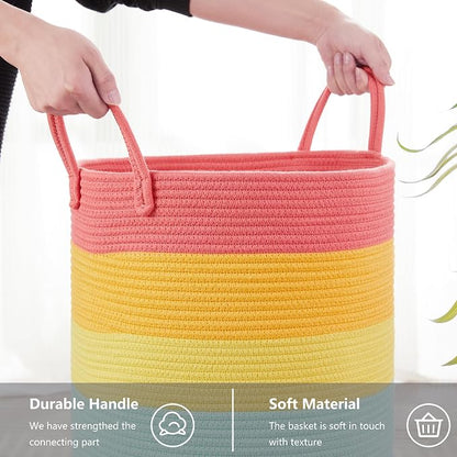 80L Extra Large Rainbow Laundry Hamper Basket for Girls Kids Tall Unicorn Baby Nursery Hamper for Clothes Woven Rope Blanket Toy Basket in Living Room Playroom Bedroom 16"D x 22"H
