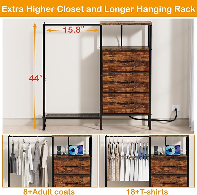 Dresser for Bedroom with Hanging Rack, 3 Drawers Closet with Charging Station, Faric Chest of Drawers with Clothes Rack, Storage Organzier for Hallway Entryway, Brown