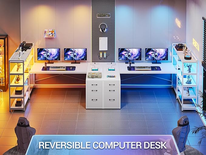 SEDETA White Computer Desk with Drawers, 64.5" Reversible Office Desk with Fabric File Drawer, Corner Computer Desk with Power Outlet & LED Strip and Storage Bookshelf