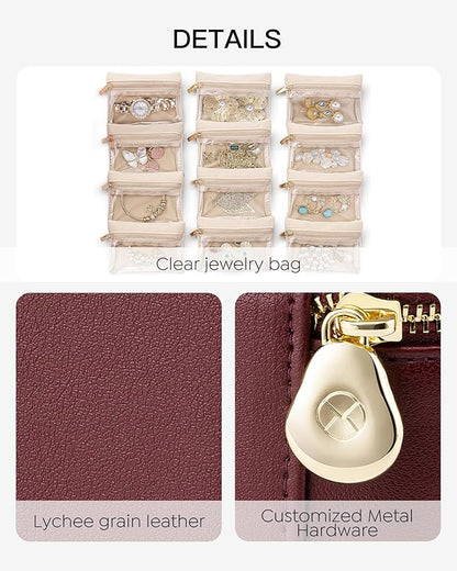 Vlando Jewelry Travel Case,Travel Jewelry Organizer with Clear Velvet Jewelry Bags 12Pcs Zipper Pouch for Women Gifts for Friends Sister-Red