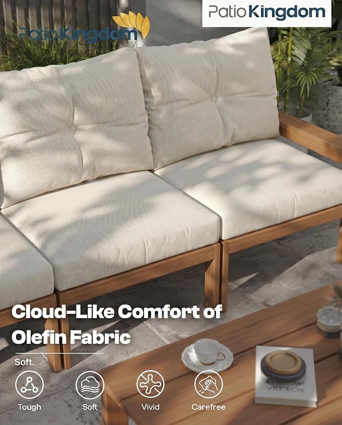 HDPE Outdoor Patio Furniture Set, 7-Piece Patio Conversation Sets with Coffee Table & Side Table & Beige Washable Thick Cushions, Outdoor Sofa for Balcony, Porch, Poolside (Teak Frame)