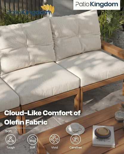 HDPE Outdoor Patio Furniture Set, 6-Piece Patio Conversation Sets with Coffee Table & Side Table & Beige Washable Thick Cushions, Outdoor Sofa for Balcony, Porch, Poolside (Teak Frame)