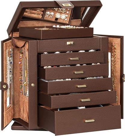 AKOZLIN 360° Rotating Jewelry Box 6-Tier Organizer Functional Jewelry Storage Case for Women Girls Ring Necklace Earring Bracelet Holder with Mirror Brown