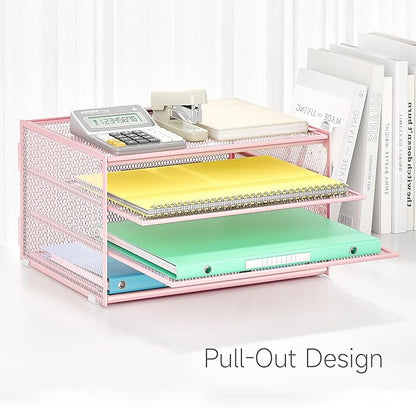Lavatino 3-Tier Letter Tray Desk Paper Organizer – Pink Mesh Metal File Tray Organizer for Desk, Office Supplies & Home Organization | Fits A4/Letter Paper, Mail, Magazines and Office Accessories
