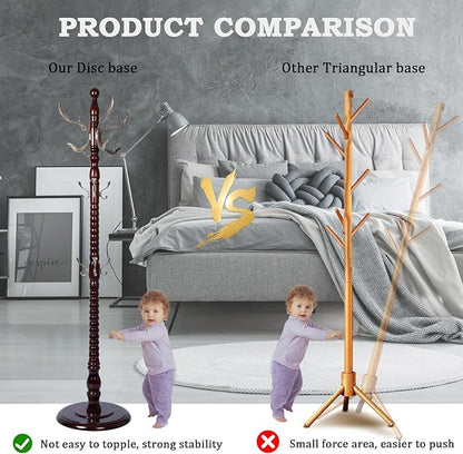 Coat Racks FreeStanding with 14 Hooks, Natural Wood Coat Rack with Solid Round Base, Adjustable Height Coat Racks, Easy Assembly for Hallway, Bedroom and Office (Reddish Brown-Metal Hook)