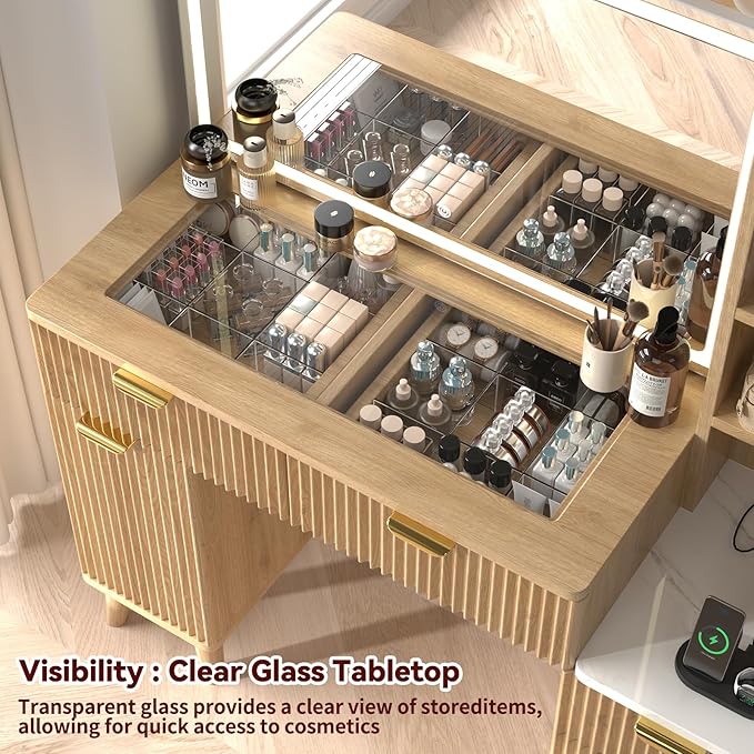 43" Fluted Makeup Vanity Desk with 32" Mirror and Lights, Modern Glass Top Large Vanity Table with 5 Drawers and 2 Storage Cabinets, Dressing Table Set with Charging Station for Bedroom-Gray