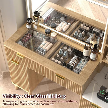 43" Fluted Makeup Vanity Desk with 32" Mirror and Lights, Modern Glass Top Large Vanity Table with 5 Drawers and 2 Storage Cabinets, Dressing Table Set with Charging Station for Bedroom-Gray