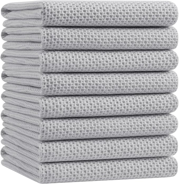Homaxy 100% Cotton Oversized Waffle Weave Kitchen Dish Towels, Ultra Soft Absorbent Quick Drying Cleaning Towel, 20x28 Inches, 8-Pack, Light Gray