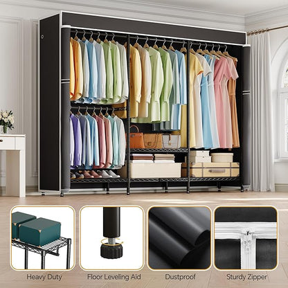 H8 Garment Rack with Cover, Portable Closet for Hanging Clothes, Heavy Duty Clothes Rack Wardrobe Closet Organizer and Storage, Black Clothing Rack Shelf with Black Fabric Cover