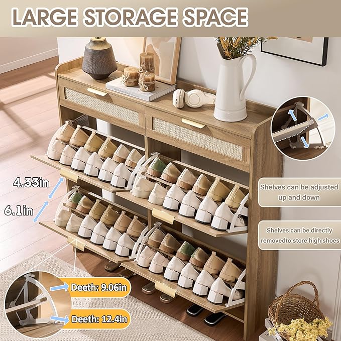 Rattan Shoe Storage Cabinet with 4 Flip Drawers & 2 Drawers, Freestanding Organizer for Front Door Entrance, Hidden Narrow Shoe Rack Cabinet Storage for Entryway, Rustic Oak Rattan