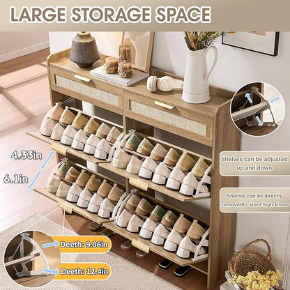 Rattan Shoe Storage Cabinet with 4 Flip Drawers & 2 Drawers, Freestanding Organizer for Front Door Entrance, Hidden Narrow Shoe Rack Cabinet Storage for Entryway, Rustic Oak Rattan