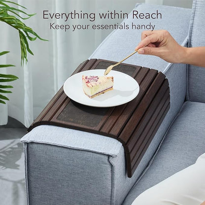 DETOR Couch Arm Tray with Retro Cork Pad, Brown-Stained Bamboo Finish, Enhanced Non-Slip Bottom, Sturdy Bamboo Slats, Fits Armrests 4.6" and Wider