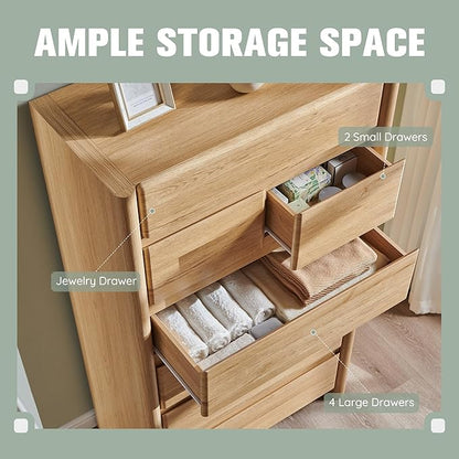 Modern 7 Drawers Dresser for Bedroom, 54.7" Tall Large Dresser & Chests of Drawers w/Rounded Corner, Wood Handleless Organizer Dresser w/Natural Texture for Bedroom, Living Room-Natural