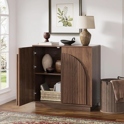 win2win Fluted Sideboard Buffet Cabinet with Storage, 31.5" Mid Century Modern Accent Cabinet with Double-Layered Arch Door, Small Wood Console Credenza for Dining Living Room Entryway, Walnut, 2PCS
