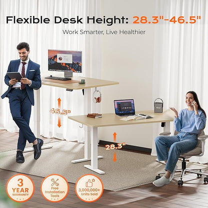 Huuger 63 x 28 Large Electric Standing Desk, Height Adjustable Computer Desk, 27.6" Deep Desktop, Stand up Gaming Office Table with 2 Hooks, 3 Preset Heights, for Home Office, Maple