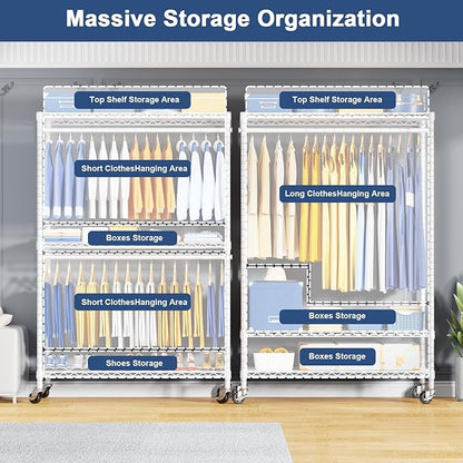 P8C Heavy Duty Clothes Rack（With Extended Width Design） Rolling Clothing Racks for Hanging Clothes with Lockable Wheels，51.2" W x 15.8" D x 80.5" H，Max Load 700LBS，White Rack with Grey Cover