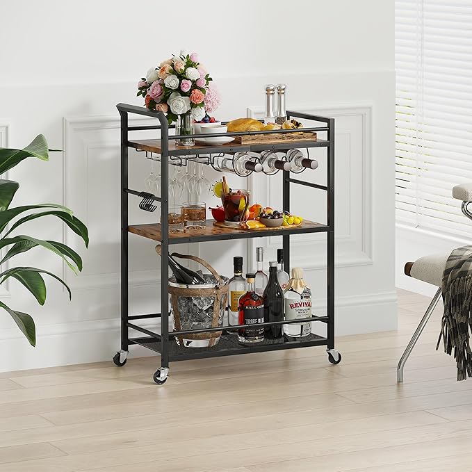 3 Tier Bar Cart, Small Beverage Cart, Mini Bar Cart with Wine Rack, Home Bar Serving Cart with Wheels for Kitchen Dining Living Room (Rustic Brown, General)