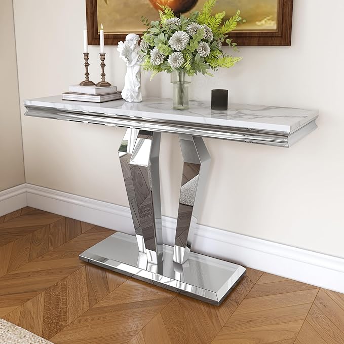 47 inch Silver Console Table, Modern Entryway Table with Diamond-Shaped Metal Base for Entrance, Hallway, Living Room (White Faux Marble & Silver)