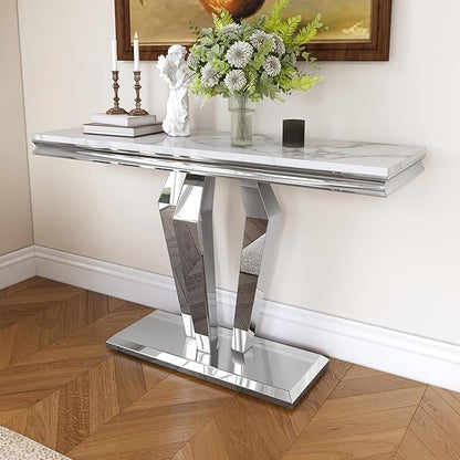 47 inch Silver Console Table, Modern Entryway Table with Diamond-Shaped Metal Base for Entrance, Hallway, Living Room (White Faux Marble & Silver)