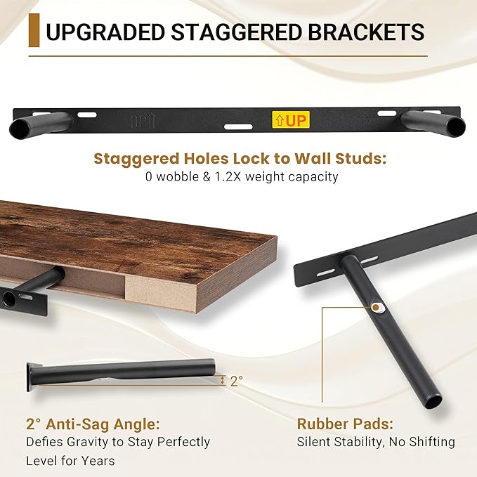 Vivelove 12" Deep Floating Shelves Over Toilet, 24" Wall Shelves for Bathroom Bedroom Kitchen Living Room Laundry Room, Farmhouse Rustic Shelves for Home Decor, 24" X 12" X 2" Set of 2, Rustic Brown