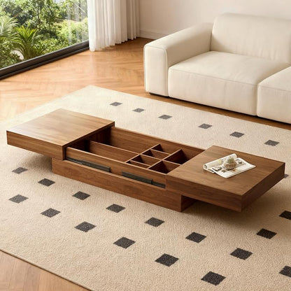 Mid-Century Modern Farmhouse 47.2-81.8" Expandable Coffee Table，Adjustable Center Table with Large Storage for Living Room, Walnut
