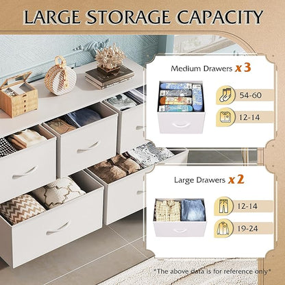WLIVE Dresser for Bedroom with 5 Drawers, Wide Chest of Drawers, Fabric Dresser, Storage Organization Unit with Fabric Bins for Closet, Living Room, Hallway, White
