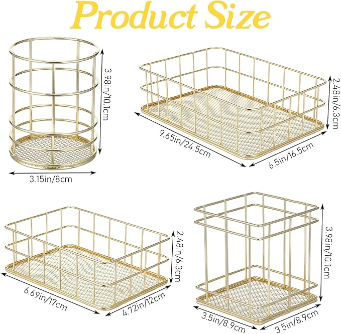Gold Basket Set with 2 Pen Holders - 4Pcs Metal Mesh Desktop Organizer for Office, Bathroom, Vanity & Home Decor, Storage Solution for Stationery, Makeup, Files (Large & Small Sizes)