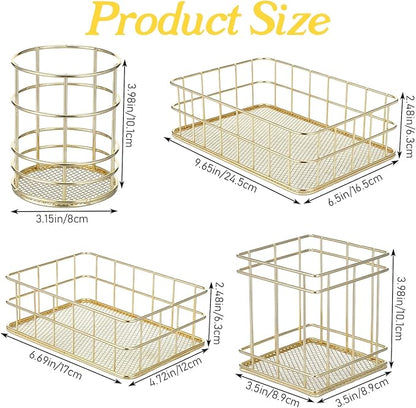 Gold Basket Set with 2 Pen Holders - 4Pcs Metal Mesh Desktop Organizer for Office, Bathroom, Vanity & Home Decor, Storage Solution for Stationery, Makeup, Files (Large & Small Sizes)