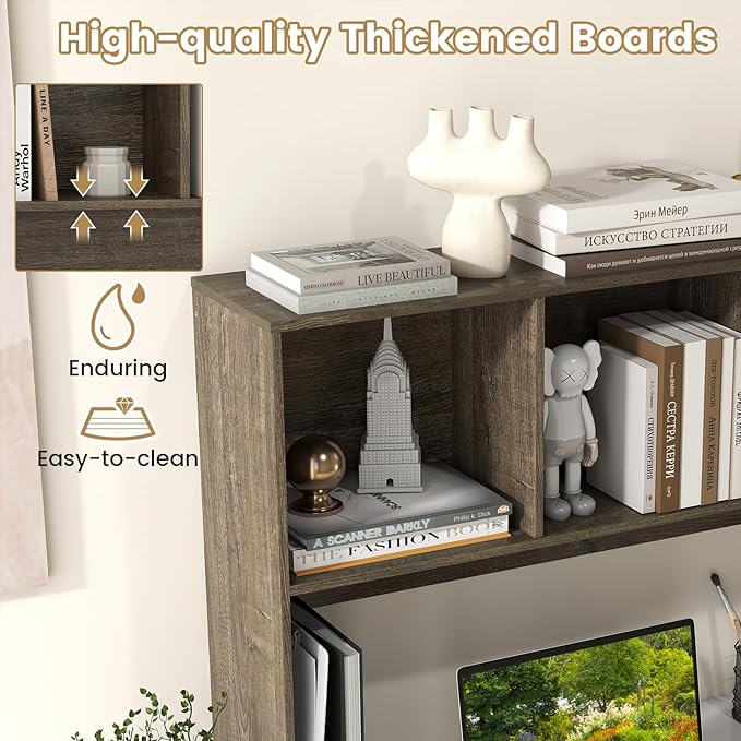 LDAILY Desktop Bookshelf, 2-Tier Office Desk Shelf Organizer with 4 Shelves, 37’’L Wood Storage Rack Display Shelf for Computer Desk, Office, Dorm, Bedroom (Grey)