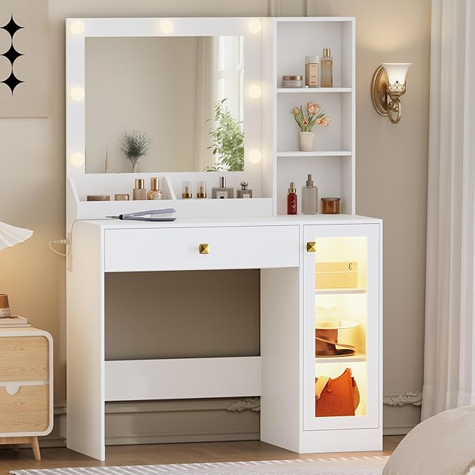 Makeup Vanity with Mirror and Lights, 34'' Wide Dressing Table & RGB Glass Cabinet, Small Vanity Desk with 3 Color Lighting Modes & Adjustable Brightness, White
