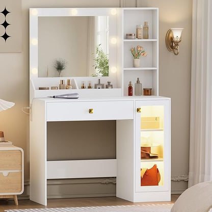 Makeup Vanity with Mirror and Lights, 34'' Wide Dressing Table & RGB Glass Cabinet, Small Vanity Desk with 3 Color Lighting Modes & Adjustable Brightness, White
