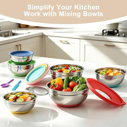 20-Piece Mixing Bowls Set with Airtight Lids – 6 Stainless Steel Kitchen Bowls (4.5QT, 4QT, 3.5QT, 2.1QT, 1.5QT, 1.1QT), 3 Grater Attachments, Non-Slip Silicone Bottoms, Perfect for Baking & Serving