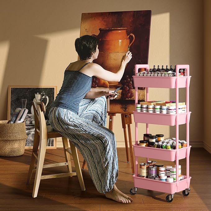 Pipishell 4-Tier Rolling Cart, Plastic Cart with Lockable Wheels & Reinforced Handle, Lightweight Utility Storage for Nursery, Bathroom, Craft Room, Pink