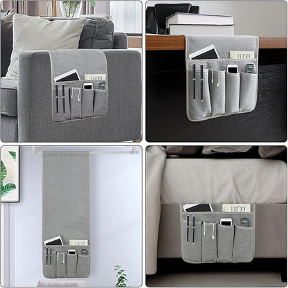 NB Remote Control Holder，Bedside & Armchair & Couch Caddy with Non-Slip Base，5 Pockets Oxford Fabric Bed Desk Storage Pocket for Phone Tablet Kindle Magazines，Gifts for Seniors (Gray, 35"X12.4")