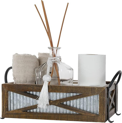 Autumn Alley Farmhouse Toilet Paper Basket for Back of Toilet - Rustic Toilet Paper Holder, Organizer - Tank Topper Basket Holder, Farmhouse Rustic Bathroom Decor, Brown