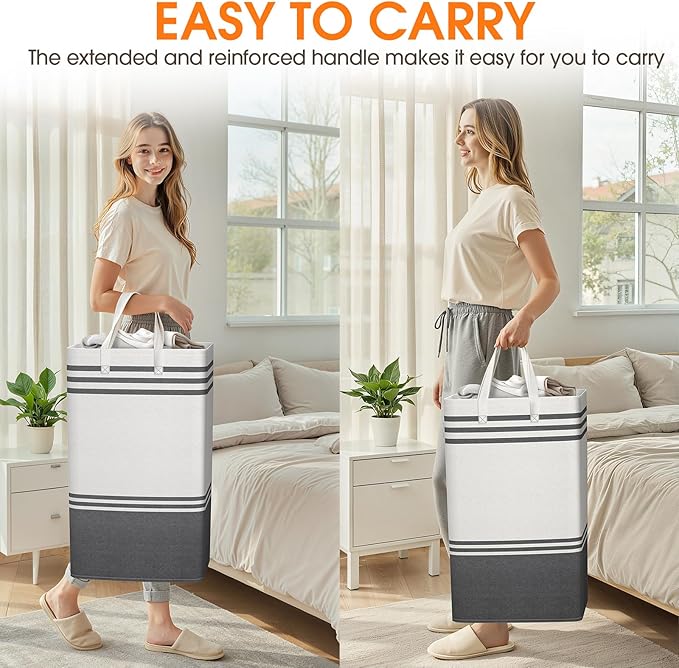 2 Pack Large Home Laundry Basket, Laundry Hamper, Freestanding Waterproof Dirty Clothes Bag, Tall Clothes Hamper - Extended & Reinforced Handles for College Dorm, Family (Light Grey/88L)