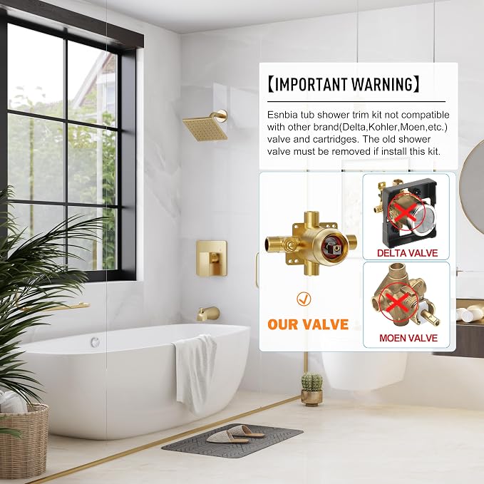 Esnbia Shower Tub Kit, Tub and Shower Faucet Set（Valve Included) with 6-Inch Rain Shower Head and Tub Spout, Single-Handle Tub and Shower Trim Kit,Brushed Gold